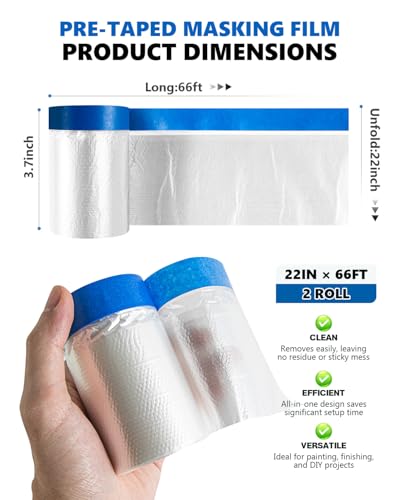 Pre-taped Automotive Masking Film for Painting - 22" x 66' (2 Rolls) - size: 22" x 66' X 2 Rolls