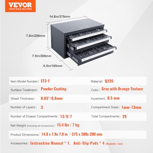 VEVOR Drill Bit Organizer - Three-Drawer Steel Cabinet for 1mm to 13mm, Labels, Stackable - size: (1/25" to 1/2")