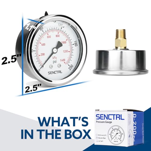 SENCTRL 0-200 Psi Liquid Filled Pressure Gauge, 1/4" NPT Back Mount - size: 0-200 Psi, style: Back Mount