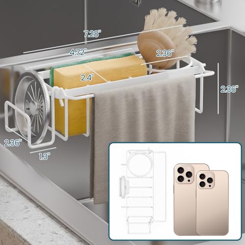 TAILI 4-in-1 Sponge Holder for Kitchen Sink with Strong Suction Cup-White - color: White, size: 7.28" x 2.36"