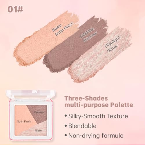 Neutral Pink Brown Shimmer Baked Eyeshadow Palette, 3 Color High Pigment Blendable Smooth Eye Shadow Makeup for Older Women, Travel Mini Palette Suitable for All Eye Shapes Vegan & Cruelty-Free 01# - color: M-#01