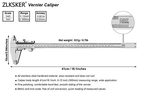 0-12 Inch / 300mm Micrometer Vernier Caliper, Stainless Steel Precision Measuring Tool (Inch/Metric), Depth/Inside/Outside/Step Measurement, 0.001" / 0.02mm