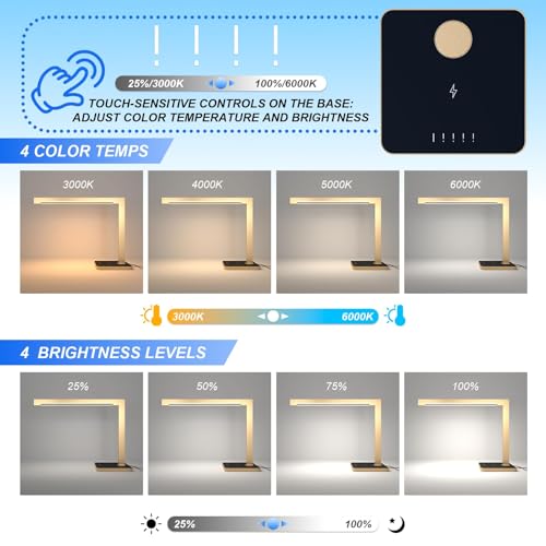 Dimmable Desk Lamp with Charging Station, 15W CCT Table Lamp - color: Golden