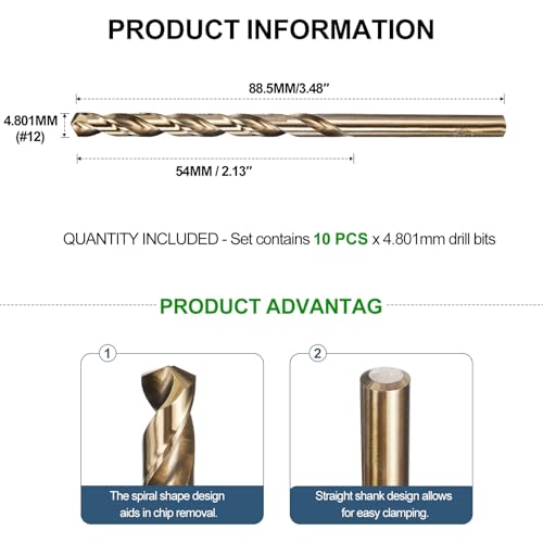 METALLIXITY Micro Drill Bit (#12) 4341 High-Speed Steel Gold 135° 10Pcs - size: #12 (4.801mm)