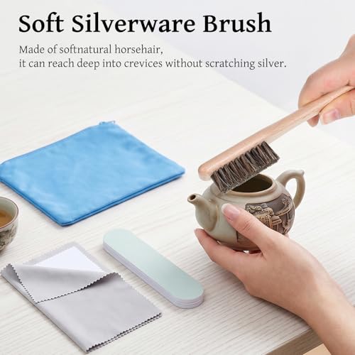 4 Pcs Horsehair Silver Cleaning Brush Set, Zippered Silver Storage Bags with Detail Polish Brush and Polishing Cloth for Silverware Plateware Jewelry