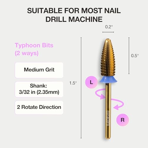Curacoro Nail Drill Bits 3/32'' Typhoon Bits, 2 Way, Carbide Bit (Medium) - color: Yellow Titanium - Typhoon Bit, size: Medium