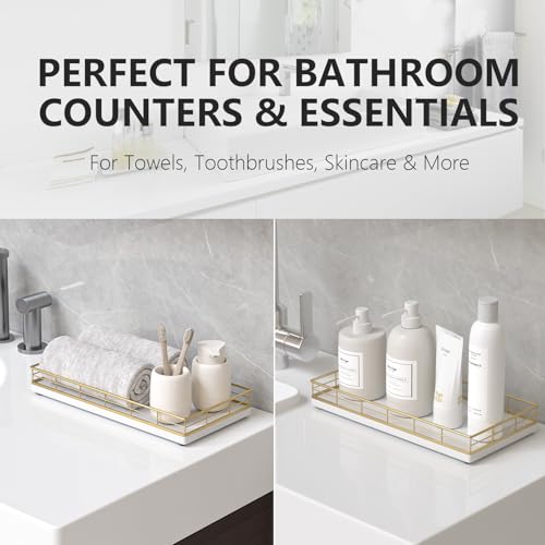 Toilet Paper Basket Organizer, Oak Wood Toilet Tank Tray with Metal Frame - color: Gold & White, size: 13" x 6.5" x 2"