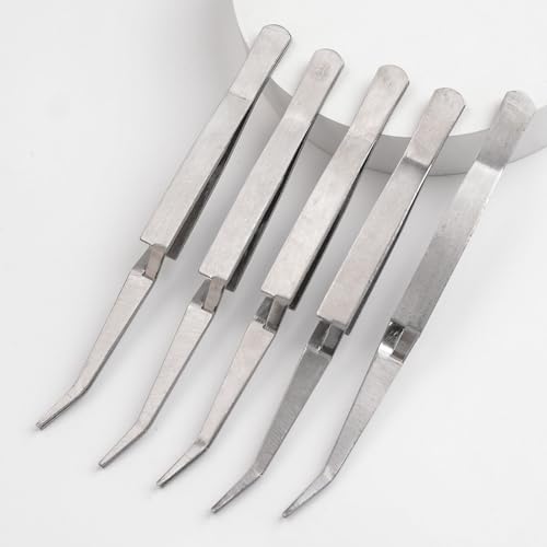 WANDIC 6 Pcs Cross Locking Tweezers, Bent Reverse Action Stainless Steel Tweezers for Electronics Laboratory Jewelry Craft