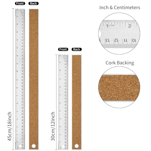 12+18 inch Metal Ruler with Cork Backing, Imperial & Metric Markings - style: 12+18 inch