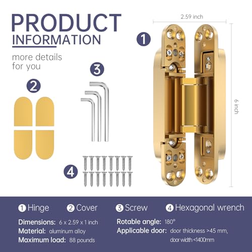 2PCS 6 Inch Invisible Concealed Door Hinges 180 Degree Swing Hinge (Gold)- - color: Gold - 6 inch - 2 pcs