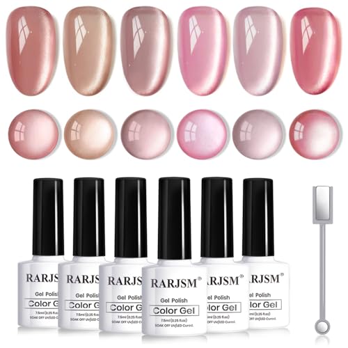 RARJSM Nude Glitter Cat Eye Gel Nail Polish Set 6Pcs Ceramics Pink Light Purple Brown Velvet Shimmer Smoothie Cateye Gel Polish with Magnetic Stick UV LED Curing Require Home Salon Nail Design - color: Nude Ceramic Cat Eye Set