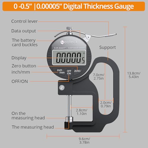 Neoteck Digital Thickness Gauge 1inch/25.4mm,0.00005inch/0.001mm Accuracy - color: Silver-black, size: 0-1"/0.00005"
