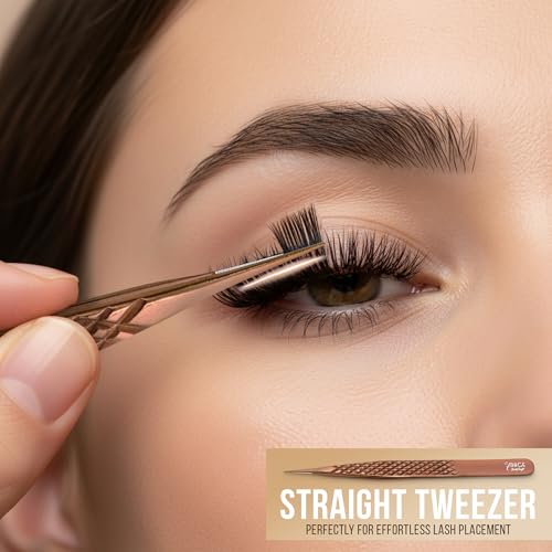 5 Pcs Fiber Tip Eyelash Extension Tweezers with Leather Case, Rose Gold - color: Metallic-rose