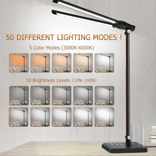 Retractable Dimmable LED Desk Lamp with USB Charging Port Desk Light - color: Pure Black