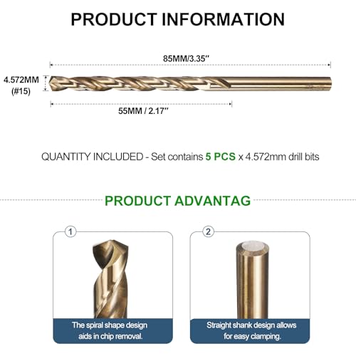METALLIXITY Micro Drill Bit (#15) 4341 High-Speed Steel Gold 135° 5Pcs - size: #15 (4.572mm)