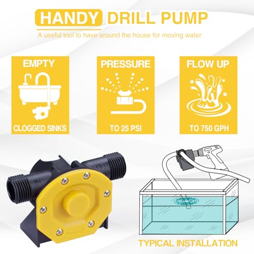 TOPWAY Self Priming Water Drill Pump Attachment with Suction and Discharge Hose, Mini Hand Power Drill Pump for Water, Oil Transfer, etc - style: Yellow with Filter