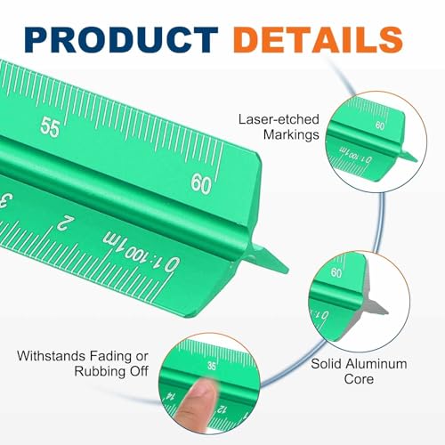 HARFINGTON Architectural Scale Ruler 12" Metric Aluminum Alloy Large Green - color: Green, size: 12 Inch
