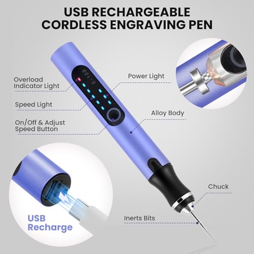 Electric Engraving Pen with 37 Bits for Wood Glass Stone Carving (Purple) - color: Purple