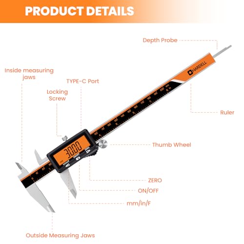 HARDELL Digital Caliper 8" USB-C Charging – Orange Display, Non-Backlit