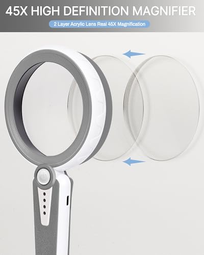 45X Magnifying Glass with Light, 4.6" Rechargeable Handheld Magnifier - color: Gray