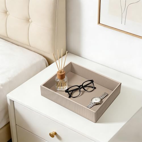 SITHON Valet Tray Desk Organizer PU Leather Catchall - color: Stripe Latte