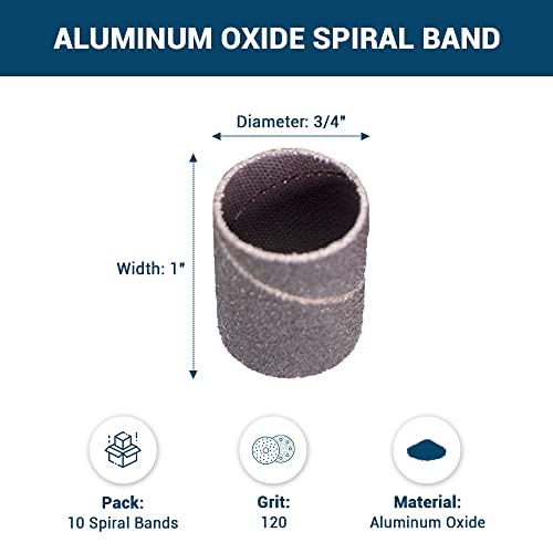 Benchmark Abrasives 3/4” x 1” Aluminum Oxide Abrasive Spiral Bands for Rotary Tools, Drum Sleeves for Sanding Deburring Blending Polishing on Metals Plastic Wood Rubber (10 Pack) - 120 Grit - style: 120 Grit