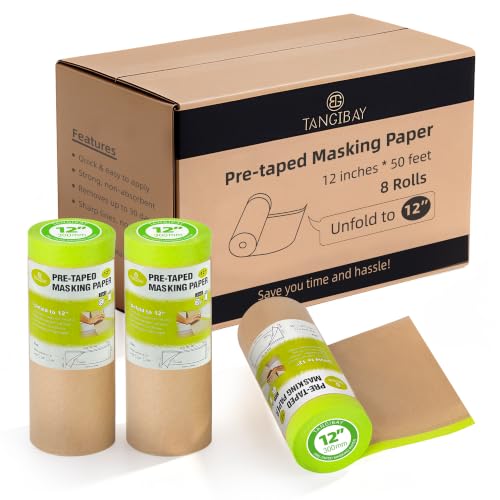 Tangibay Pre-Taped Masking Paper for Painting, 12 inch x 50 feet, 8 Rolls - size: 8 Rolls: 12"