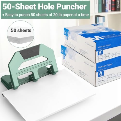 AFMAT HPX4 Heavy Duty 3 Hole Puncher, 50-Sheet Paper Punch Heavy Duty, 50% Reduced Effort Three Hole Punch, 10K+ Uses, Metal Hole Puncher 3 Ring w/Large Tray, Bulit-in S.S. Paper Guide (Green) - color: Green, size: 50-Sheet Capacity