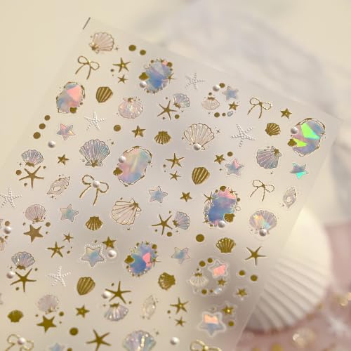 1 Sheet Summer Ocean Nail Art Stickers 5D Embossed Seashell Starfish Nail Stickers Pearl Crystal Diamond Bow Design Gold Beach Shells Nails Supplies Y2K Manicure Decorations for Women DIY Manicure - color: Summer Starfish
