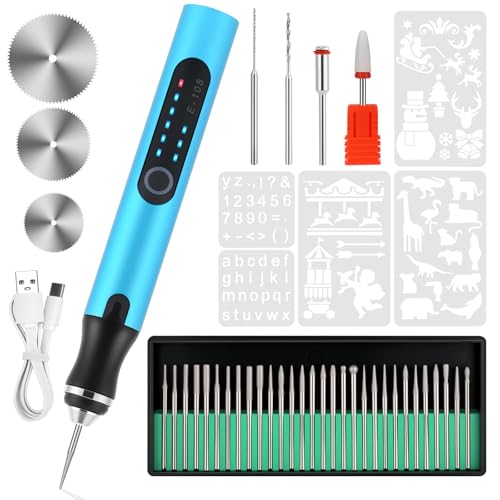 Electric Engraving Pen with 37 Bits for Wood Glass Stone Carving (Blue) - color: Blue