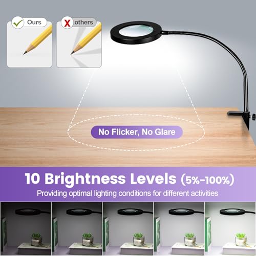 4-in-1 Magnifying Glass with Light and Stand, 3-Color Stepless Dimmable LED Magnifying Floor Lamp, 24" Gooseneck Swing Arm Lighted Magnifier with Clamp for Reading Craft (12X Black) - color: Black