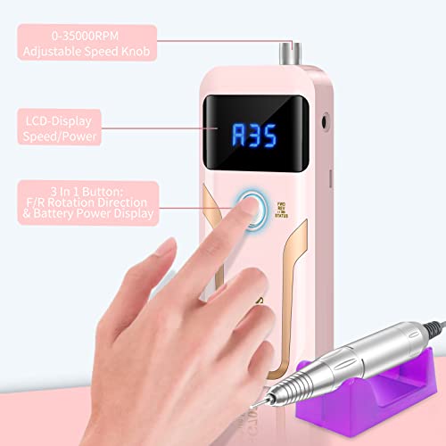 MOCOWIND Portable Nail Drill Professional 35000 RPM, Electric Nail E File - color: Pink