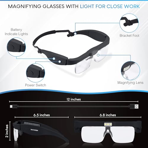 YOCTOSUN Magnifying Glass with LED Lights,5 Lenses,Storage Case,Head Strap - color: Black With Storage Case