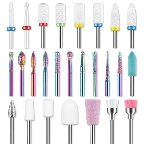26pcs Nail Drill Bits Set, 3/32inch Professional Ceramic Diamond Safety Bits for Nail Drill, Cuticle Efile Nail Drill Bits, Remover Bits for Acrylic Gel Nail Tech Manicure Pedicure, Home Salon - color: Mixed-26PCS
