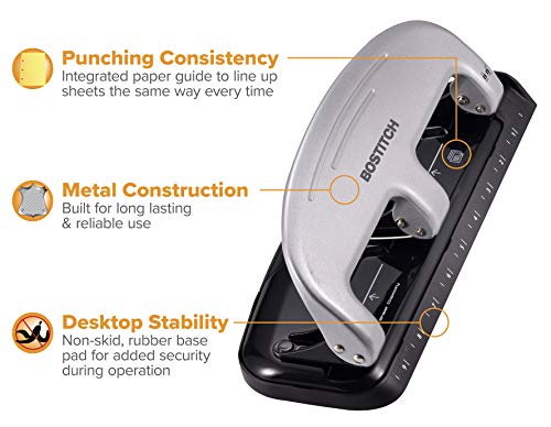 Bostitch Office EZ Squeeze 3-Hole Punch, 20 Sheet Capacity, Reduced Effort, No Jam Technology, Silver - color: Silver
