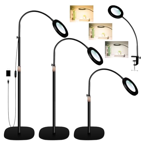 4-in-1 Magnifying Glass with Light and Stand, 3-Color Stepless Dimmable LED Magnifying Floor Lamp, 24" Gooseneck Swing Arm Lighted Magnifier with Clamp for Reading Craft (12X Black) - color: Black