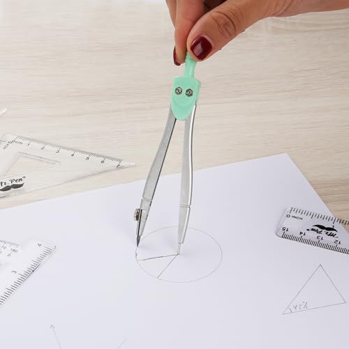 Mr. Pen- Geometry Set, 13 pcs, 3 Metal Compasses, Protractor, 6" Ruler | 45° & 30°/60° Set Squares, Pencils, Lead Refills, Sharpener & Eraser for Math, Drafting & Classroom Use - color: Mint Green
