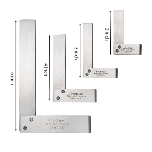 Machinist Square Set 2, 3, 4, 6 Inch, Mechanical Engineer Hardened Steel High Precision Squares, 90 Degree Wide Base Square Tool L-Type Right Angle Ruler Tool for Woodworking