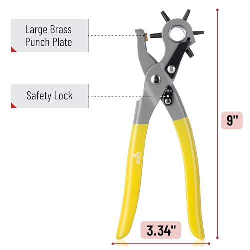 UNCO- Leather Hole Punch Tool, Multi Hole Sizes for Belts and Leather, Belt Hole Puncher, Yellow Handle - color: Yellow