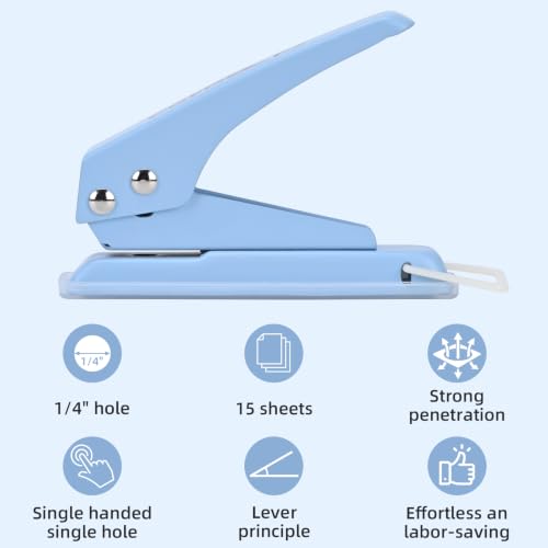 Single Hole Puncher, 1/4" Hole, 50% Labor Savings, Heavy Duty Metal Punch, 15 Sheet Capacity, for ID Cards, Chipboard, Art Project, Crafts Easy Punching, Blue - size: Blue 1 Pack