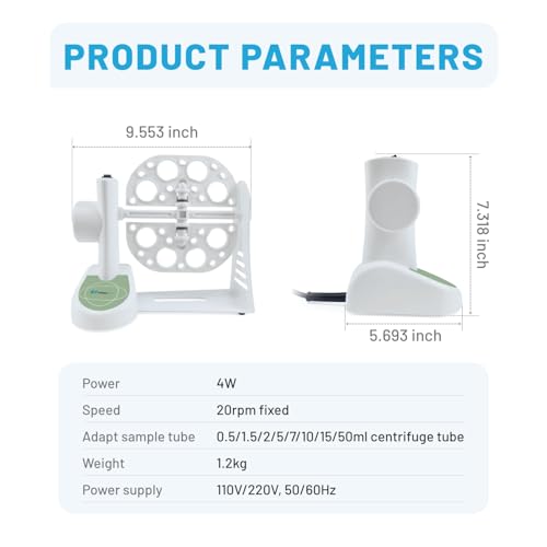 3D Tube Rotator Speed with Fixed Speed 20RPM for Sample Mixing, Tube Mixer with 3 Clamps for 0.5/1.5/2/5/7/10/15/50ml Tubes