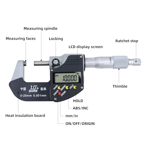 Digital Outside Micrometer, 0-1 in Range, 0.00005" Resolution, LCD Display