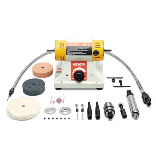 VEVOR Bench Buffer Polisher, 1/2HP Polishing Buffing Machine, 0 to 8000RPM Benchtop Polisher Grinder with 4" Cloth Wheel, 3" Grinding Wheel & 3" Fiber Wheel for Metal, Jewelry, Wood and Plastic