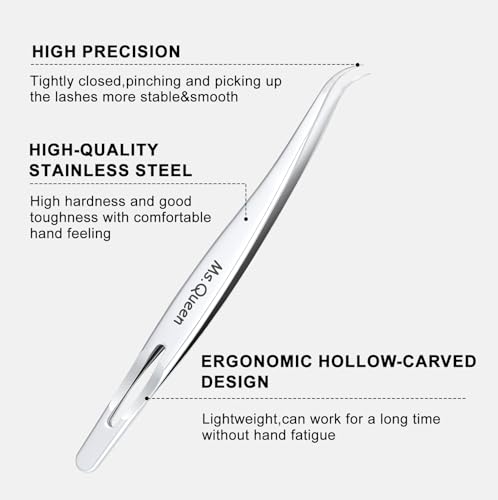 Ms.Queen Tweezers for Eyelash Extensions,Precision Curved Lash Tweezers for Volume, Isolation and Classic Lashes Extensions Applying - style: Curved Tweezers