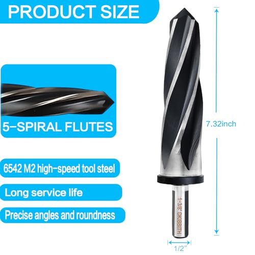 DKIBBITH 1-3/8" Bridge Construction Reamer Drill Bit, M2 HSS Taper Chucking Reamer for Steel Alloy Metal Wood Plastic, 1/2" Non-Slip Shank, 5-Spiral Flutes Car Reamer, to Align or Enlarge Holes, 35mm - size: 1-3/8"