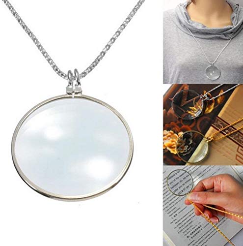 Necklace Magnifying Glass Reading Glasses Pendant Jewelry Optical Magnifier with Chain Necklace Neckglasses Portable Monocle for Reading Collecting Library (Silver, 5X) - color: Silver, 5x