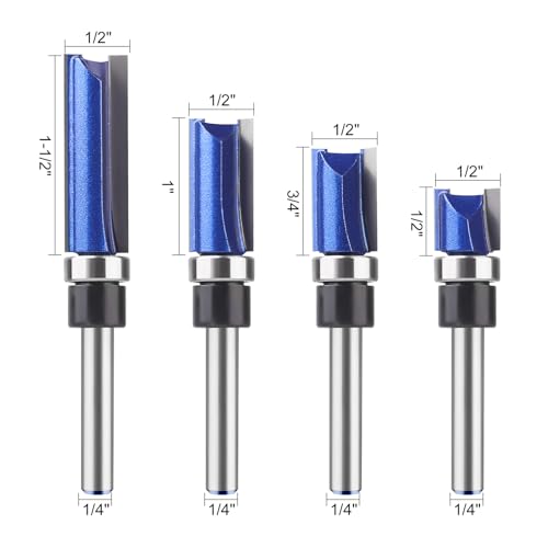 BAIDETS Pattern Flush Trim Router Bits 1/4 Shank, Bottom Bearing Pattern Router bit Set, Cutting Diameter: 1/2", Cutting Height Respectively 1/2", 3/4", 1", 1-1/2" for Home DIY and Woodworking - size: Pattern Flush Trim 4 Pcs