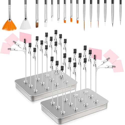 Nuanchu 2 Pcs Painting Stand with 24 Alligator Clips 15 Brushes, Silvery - color: Silvery