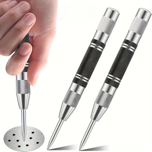 2-Pack Heavy-Duty Automatic Center Punches, 12.7cm Stainless Steel Chrome-Plated, Adjustable Spring-Loaded Hole Marker Scriber for Metal, Plastic, Wood - Durable Precision Drilling Tool