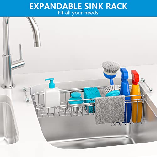 Over The Kitchen Sink Caddy Sponge Holder Organizer Drying Rack Expandable for Sponge Brush Soap Dish Cloth Rag Smaller 14.5" to 22", Stainless Steel - size: 14.5" to 22"